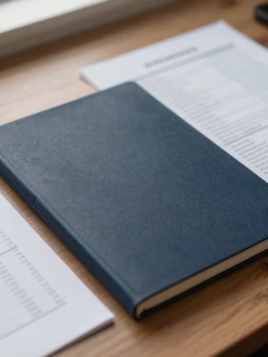 Close-up of legal documents and financial spreadsheets on heavy wooden desk, natural soft overcast daylight, editorial corporate photography