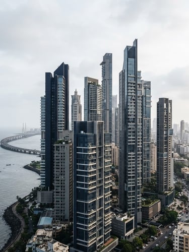 Wide architectural perspective of Mumbai's premium residential skyline, sharp geometric lines, soft overcast daylight, editorial corporate photography style.