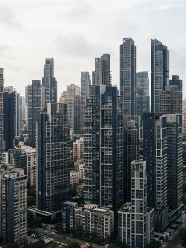 Wide-angle architectural crop of modern Mumbai residential skyline, clean structural lines, soft overcast daylight, slate tones
