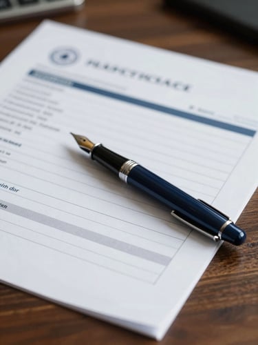 Tight macro shot of financial audit documents and a classic fountain pen on a heavy dark wood desk, soft natural office light, navy tones