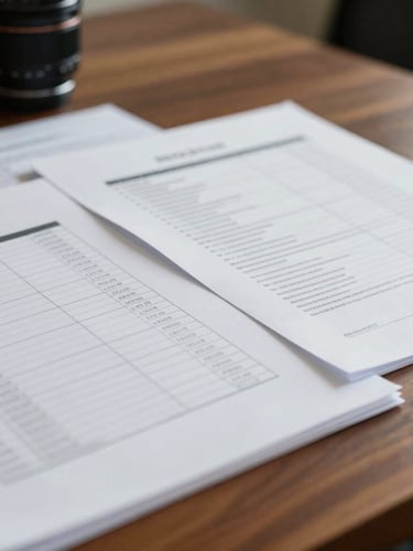 Close-up of legal documents and financial spreadsheets on a heavy wooden desk, soft natural office light, professional advisory setting, editorial 35mm photography