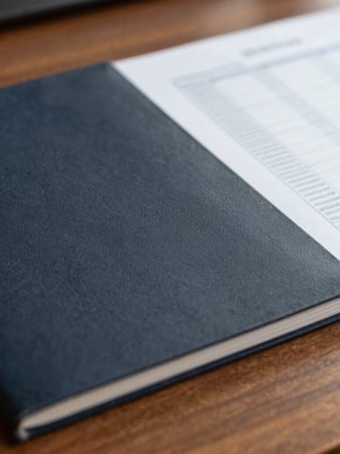Close-up macro shot of legal documents and financial spreadsheets on a heavy wooden desk, natural daylight.