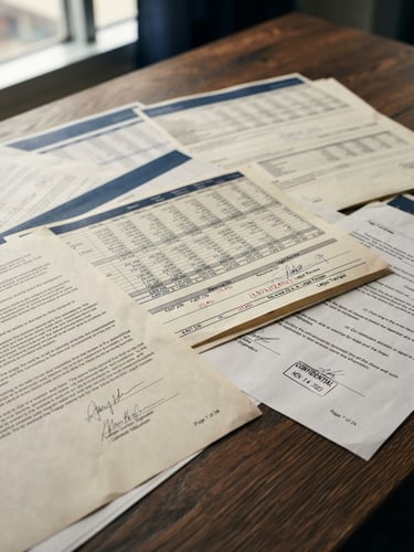 Tight macro shot of financial spreadsheets and legal documents on a dark wooden desk, soft natural office lighting, professional corporate tone, 35mm lens.