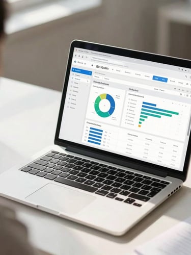 Over-the-shoulder shot of a clean modern workspace, a laptop screen displaying a structured admin dashboard with clear charts, bright natural daylight, crisp contrast.