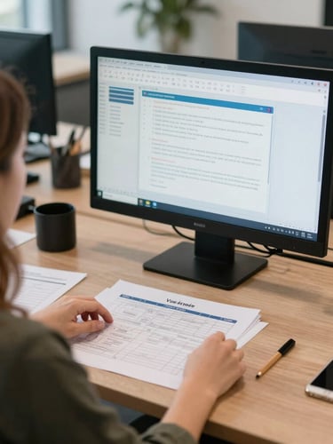Vue épurée par-dessus l'épaule d'un créateur analysant un tableau de bord de gestion d'entreprise, écran lumineux, espace de travail moderne et ordonné, éclairage naturel.