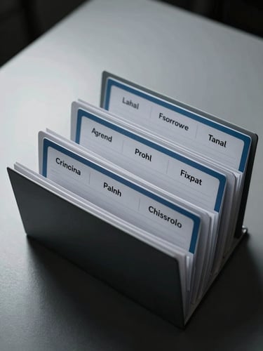 Extreme close-up overhead shot of a rigid desk surface with three neatly labeled accordion document folders arranged in a strict row, each folder tab marked with printed category labels, cool overcast studio light casting hard shadows to the left, high-contrast monochrome with steel-blue accent on the label tabs, no people, no faces, institutional forensic framing