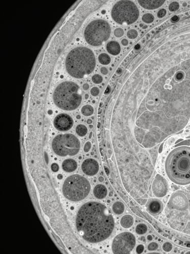 Extreme close-up of a bone marrow biopsy cross-section under controlled laboratory lighting, fibrotic stromal remodeling visible as dense fibrous bands interspersed with dysplastic erythroid islands, monochrome studio light revealing cellular texture and architectural disruption, left-edge framing with dark field depth