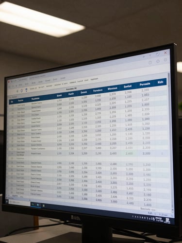 Tight overhead close-up of a construction project dashboard on a large monitor, permit status rows and bid comparison columns visible on screen, interior office fluorescent lighting, no reflections, dark background behind the screen