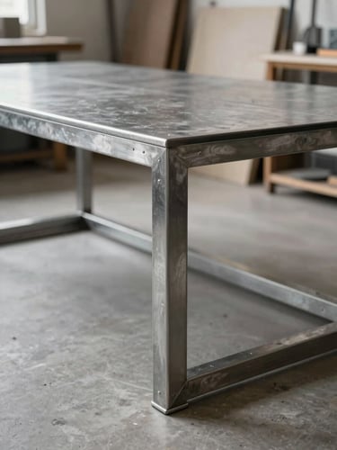 Bespoke steel dining table frame with clean joints in a bright architectural studio, raw metal texture