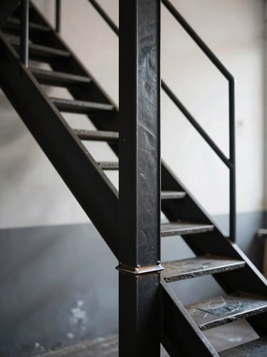 Detail of a heavy black steel staircase structure, industrial minimalist, sharp welds, dramatic natural light