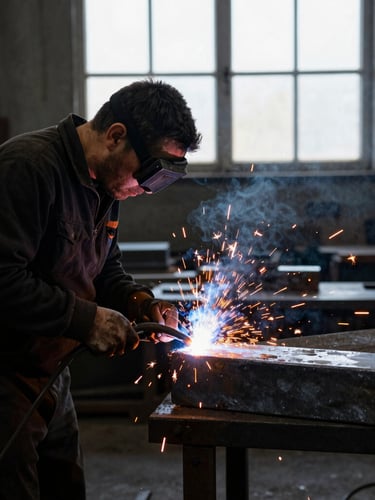A craftsman in a dark industrial workshop welding raw steel, bright orange sparks flying, dramatic natural light from a high window, slate gray background, 35mm
