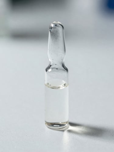 Macro close-up of a clear glass vial with pure liquid on a sterile white laboratory surface, high-key clinical lighting, sharp defined shadows.