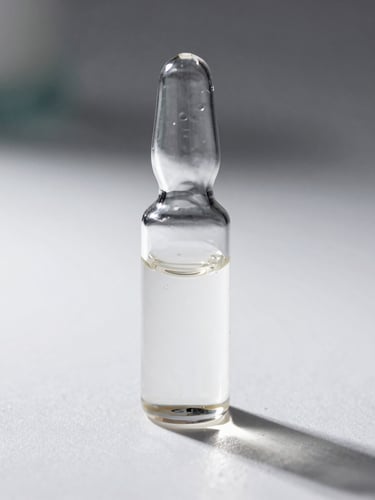 Macro studio shot of a clear glass vial containing high-viscosity peptide solution, clinical harsh lighting casting sharp shadows on a pure white sterile surface.
