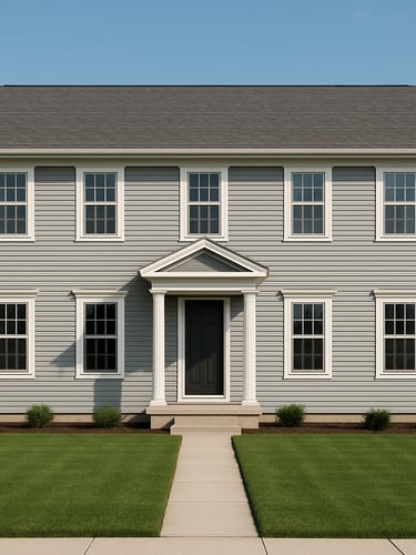 Wide exterior shot of a two-story residential property facade in clear daylight, symmetrical front elevation, trimmed lawn, neutral grey siding, no people, clean utilitarian framing
