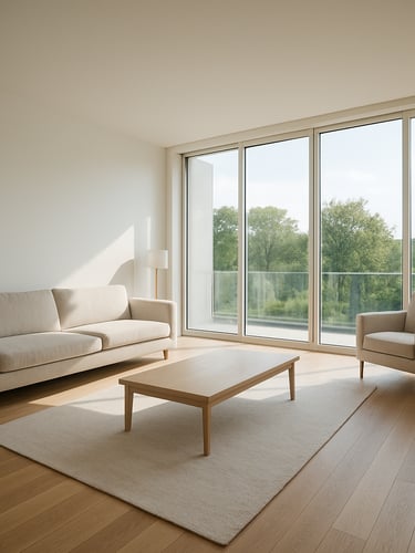 Wide interior shot of a bright residential living room, floor-to-ceiling windows flooding the space with natural daylight, minimal furnishings, clean white walls and hardwood flooring visible from a corner angle