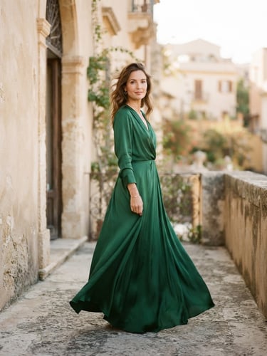 An elegant editorial portrait of a woman in a flowing emerald green silk dress, warm diffused natural light, soft beige architectural background, 35mm photography