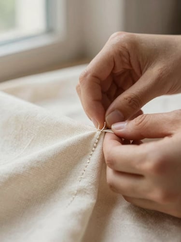 Macro detail shot of artisan hands meticulously hand-stitching a seam on ivory linen fabric, soft side window light, warm tones, shallow depth of field.