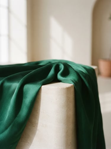Close-up of emerald green silk fabric draped over a minimalist stone pedestal, soft morning light, architectural shadows, editorial fashion photography