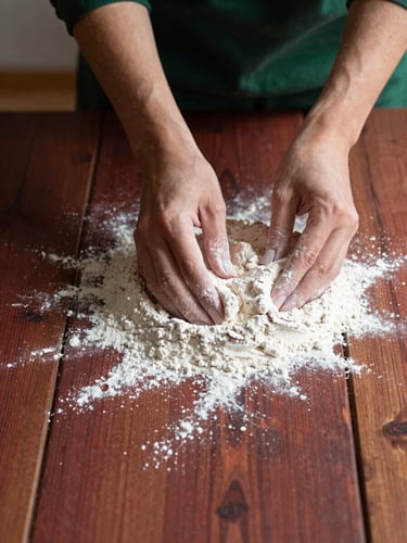 A close-up flat-lay of hands dusting flour over a rustic wooden table, soft north-facing daylight casting rich shadows, Scandinavian bakery style.