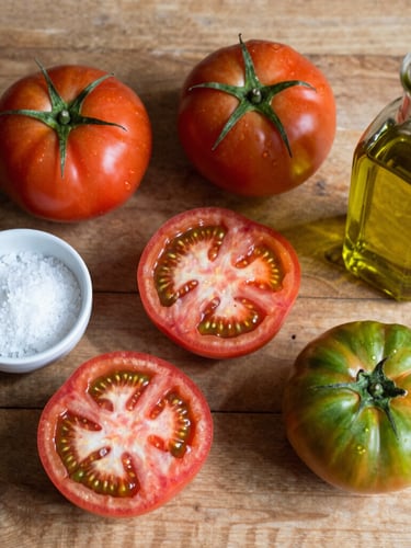 An overhead flat-lay of a rustic wooden table covered with freshly sliced heirloom tomatoes, a bowl of sea salt, and a bottle of olive oil. Soft morning light casts long, natural shadows across the scene.