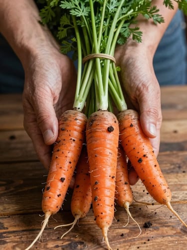 A close-up of weathered hands holding a bundle of freshly harvested heirloom carrots with rich soil still clinging to them. Shot with soft north-facing daylight, casting rich shadows on a rustic wooden surface.