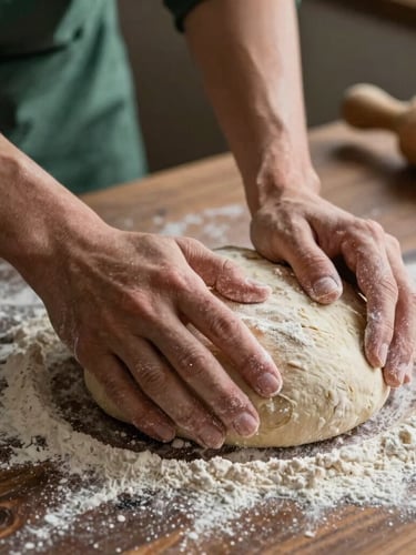 Close-up shot of flour dusting over a dark wood table, soft north-facing daylight, hands kneading rustic sourdough dough, shallow depth of field