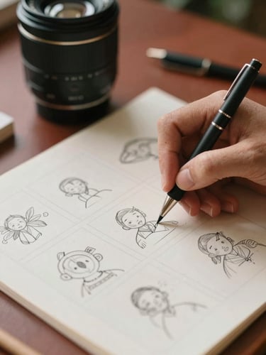 Close-up of hands sketching a storyboard on parchment paper, soft north-facing daylight, warm editorial style, 35mm lens