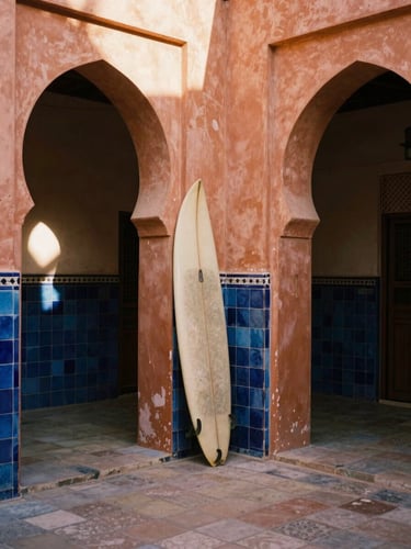 A quiet moment in a Moroccan riad courtyard, soft sunlight filtering through terracotta arches, a surfboard resting against a tiled wall, warm editorial photography, medium format film.