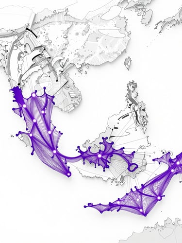 Orthographic vector map of Malaysia and Southeast Asia on a clean white background, with precise purple routing lines and glowing nodes indicating high-speed fiber data paths, technical blueprint style.