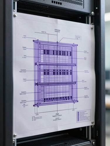 Orthographic projection of a high-precision network architecture schematic, clean server rack details with soft lavender highlights, clinical white daylight, technical blueprint style.