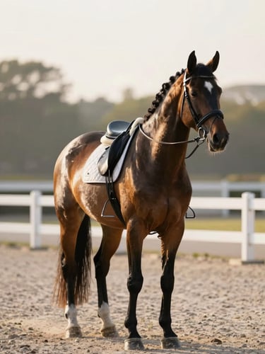Elegant editorial portrait of a dressage horse standing in an immaculate white-fenced arena, soft morning light highlighting muscular definition, shallow depth of field.