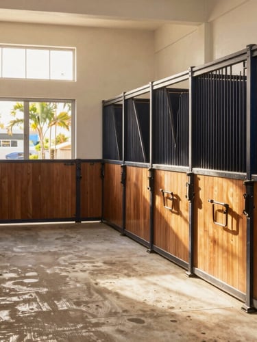 Architectural detail of a high-end luxury stable in Palm Beach, polished wood stalls, clean concrete aisle, soft morning light streaming through windows.