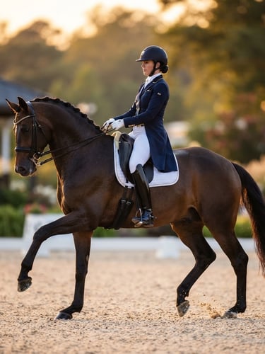 Side-profile telephoto shot of an elegant warmblood horse performing a precise dressage movement under soft golden-hour light, rider in formal clean training attire, shallow depth of field, 85mm lens