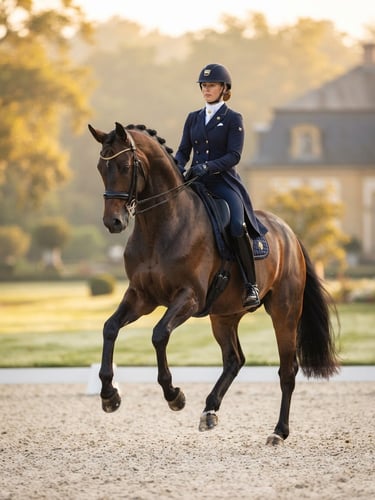 Elegant editorial photography of an elite warmblood horse in a precise dressage movement, soft morning light, shallow depth of field, 85mm lens