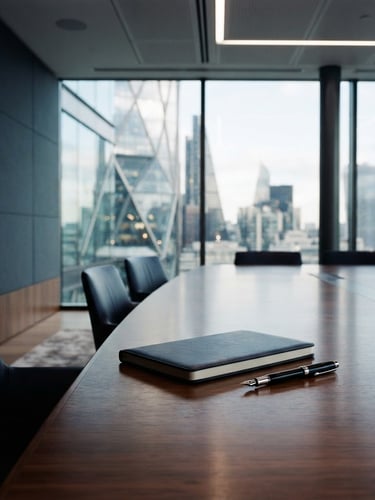 Architectural shot of a modern corporate boardroom, executive notebook and pen on a polished table, soft natural daylight, deep slate and navy tones, architectural framing, 35mm.