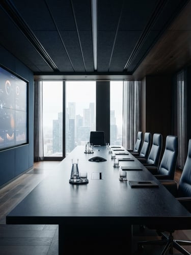 Architectural shot of a modern corporate boardroom with a long polished conference table, large screen displaying a clean data visualization, soft natural indirect daylight, deep slate and navy tones, architectural framing, 35mm, positioned to the left.