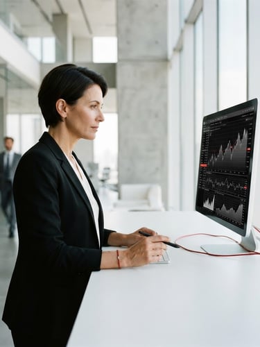 Minimalist corporate photography, bright natural daylight, clean black and white tones with subtle red accents, a professional executive reviewing data on a screen in a modern architectural office, sharp focus, 35mm
