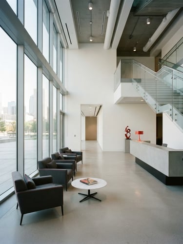 Minimalist corporate office lobby with clean architectural lines, bright natural daylight streaming through large windows, subtle red accents in the modern furniture, sharp focus, 35mm