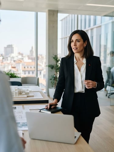Minimalist corporate photography, bright natural daylight, a professional candidate in a clean architectural workspace in Madrid, sharp focus, 35mm