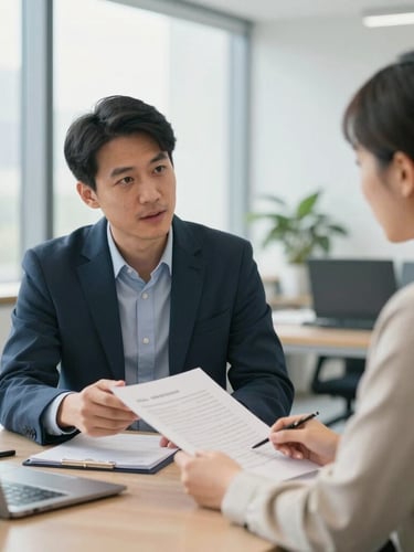 A professional advisory session in a clean, modern corporate office, natural daylight, a consultant and client discussing documents, sharp focus, 35mm lens.