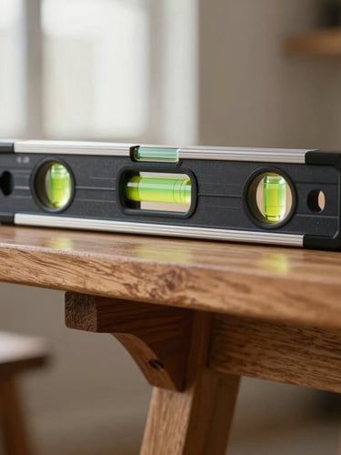 Macro shot of a high-quality spirit level resting perfectly flat on top of a newly mounted heavy timber shelf, clean focus on the level vial, bright natural interior lighting.