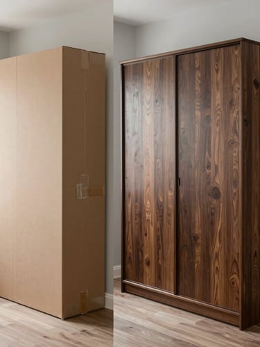 A split-screen view: on the left, a flat-pack wardrobe box being cleanly unboxed; on the right, a perfectly level, fully assembled dark wood wardrobe standing flush against a light gray wall under bright, natural interior light.