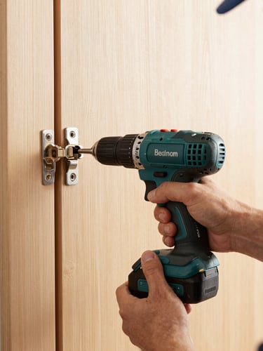 A professional handyman's hands using a cordless drill to secure a hinge plate on a clean wooden door, bright natural light.