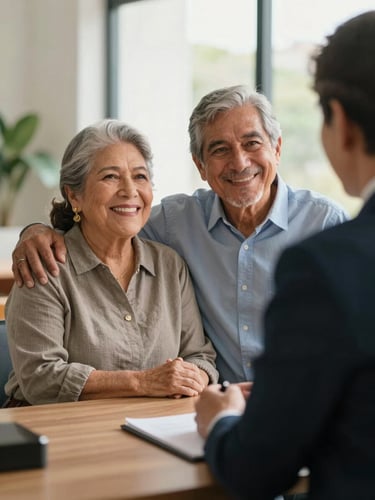 Medium shot of a dignified Mexican older couple smiling with relief, sitting in a warm, sunlit office across from a professional advisor, soft natural daylight, shallow depth of field.