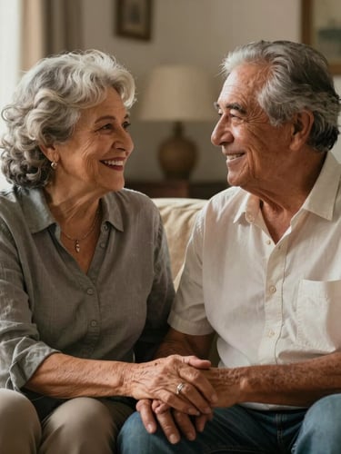 Approach of a dignified Mexican older couple smiling warmly in their sunlit living room, holding hands, feeling relieved and secure.