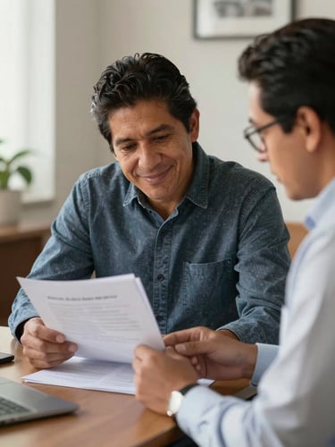 Plano medio de un pensionado mexicano sonriente revisando documentos impresos junto a un asesor profesional en una oficina iluminada por luz natural.