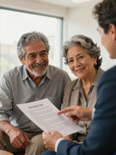 Approachable medium shot of a smiling Mexican retired couple in their mid-60s sitting in a bright, modern office, reviewing a clean printed document with a professional advisor who is pointing gently to the page. Warm natural daylight streaming from a window, soft focus background, dignified and reassuring atmosphere.