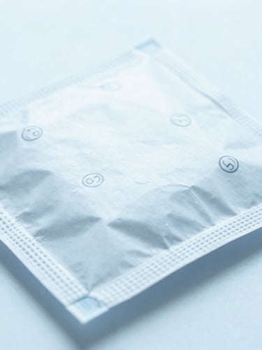 Macro photograph of sterile medical packaging with clear regulatory stamps, bright high-key hospital lighting, cool blue tones, sharp focus, 50mm