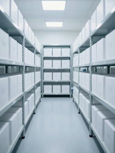 Symmetrical straight-on shot of a pristine, brightly lit medical warehouse in Dammam, organized rows of sterile white boxes on metal shelving, cool blue clinical undertones, sharp focus.