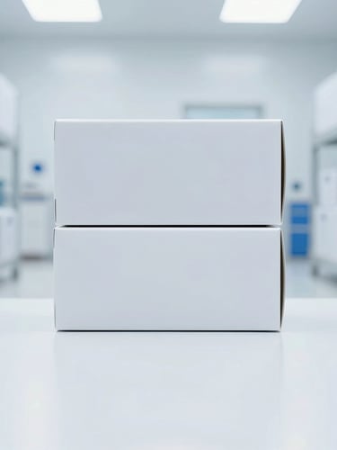 Straight-on clean clinical photography of pristine medical boxes in a brightly lit, high-key white sterile warehouse facility, cool blue undertones, sharp focus